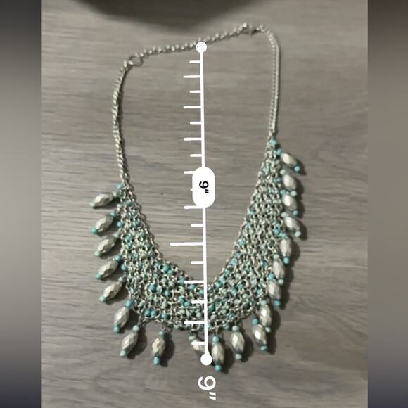 Silver Toned Blue Beaded‎ Waterfall Mail Bib Chunky Dangle Collar Necklace - Picture 3 of 4